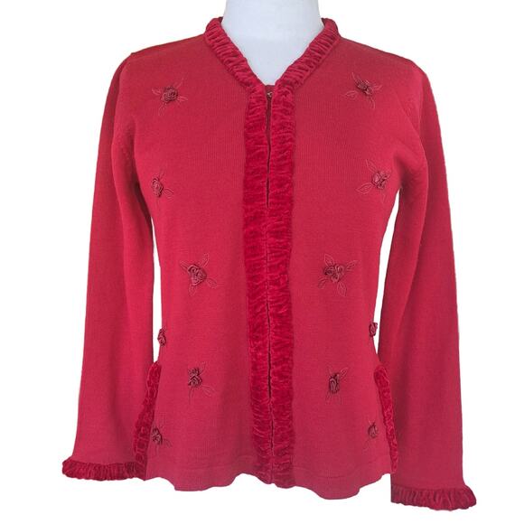APRIL CORNELL Red Wool Blend Cardigan Sweater Small Velvet Trim Rosette Artsy - Picture 1 of 7
